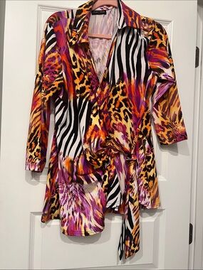 Max & Rina Bold Mixed-Print wrap dress — Yellow, Pink, Black and white